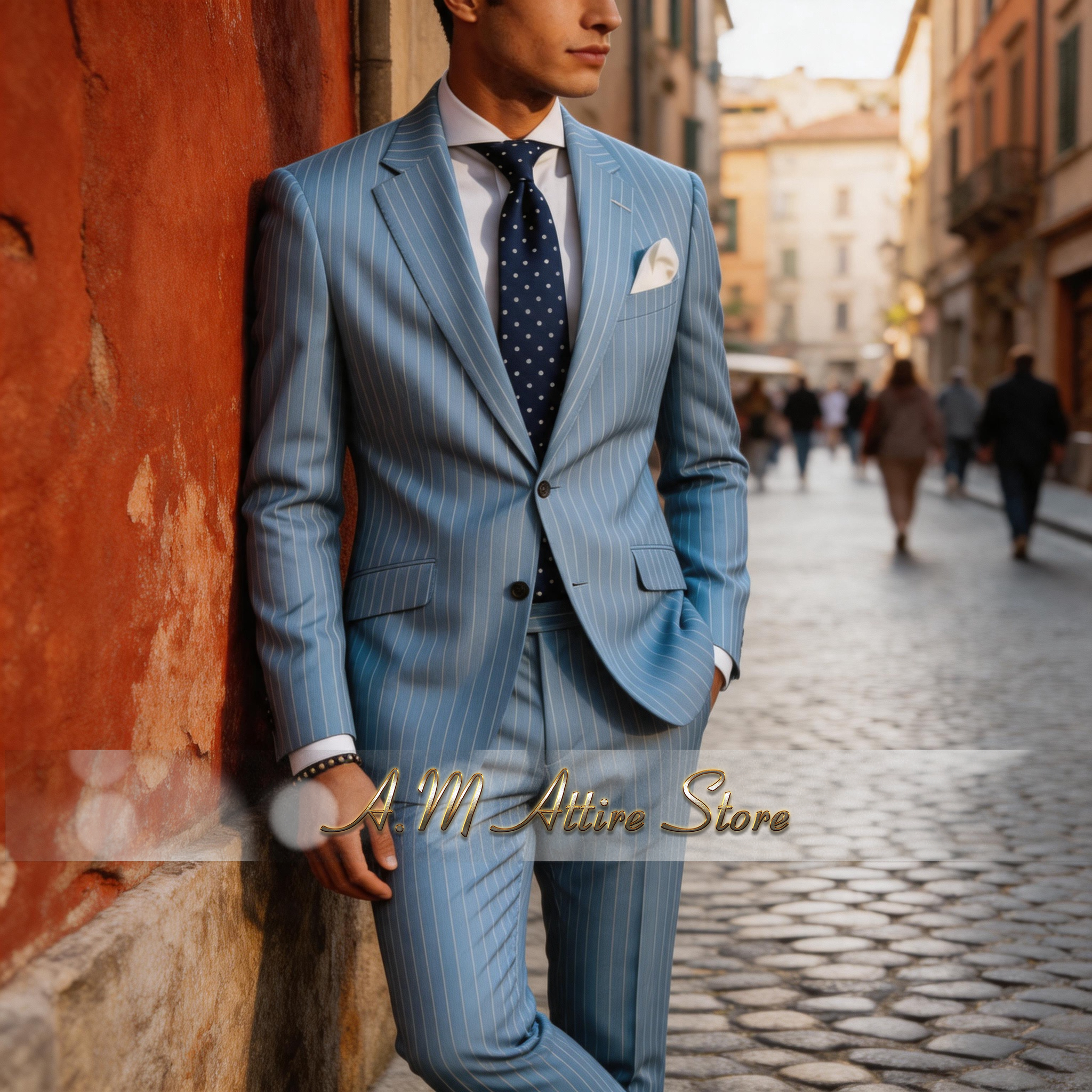 Men'S Formal Attire - Men's formal striped suit sky blue