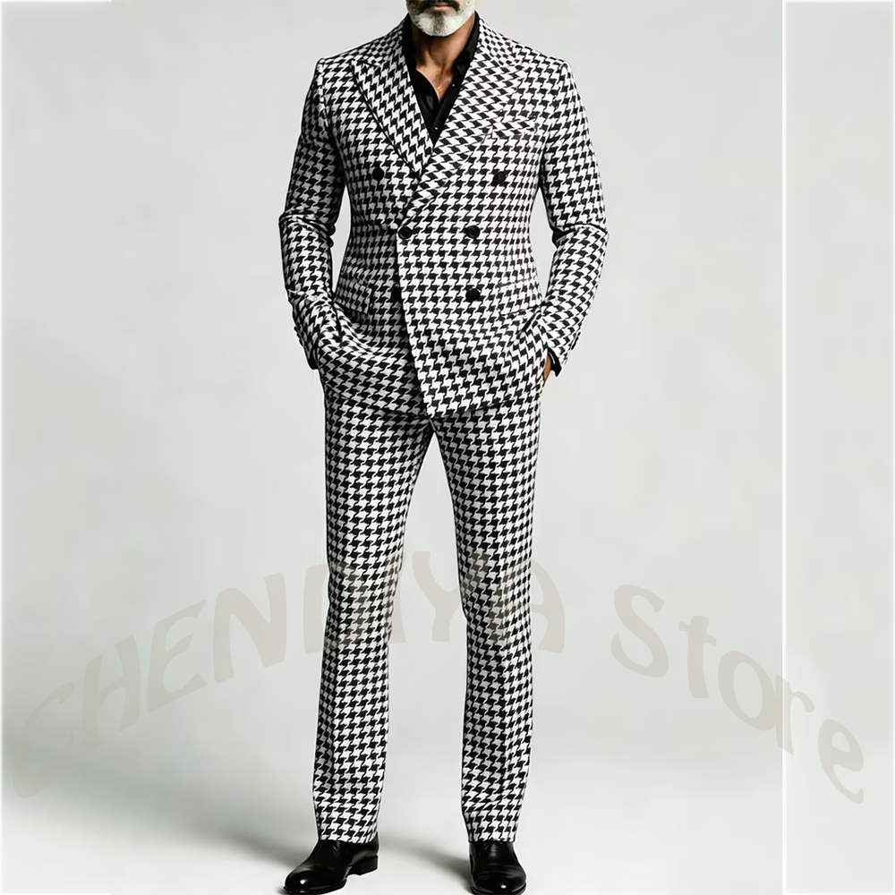 Men'S Formal Attire - Black and White Houndstooth Men's Suit